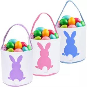 용 3PCS 부활절 토끼 바구니 가방 캔버스 코튼 휴대 선물 및 달걀 사냥 꼬리 인쇄 있는 보라색 파란색