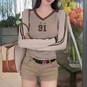 크롭반팔티 티셔츠 박스티 배색카라 여자오버핏반팔티 브이넥 여성가을티셔츠