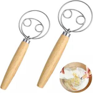 엘레가페르마 2 PCS 브레드 위스크 오크 핸들 덴마크 스테인리스 스틸 도우 사워도우용 믹서 도구 밀가루