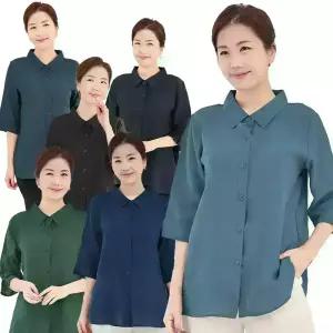 이브바바 여성 여름 인견 무지 7부 카라 오픈 셔츠블라우스 중년 엄마옷 상의