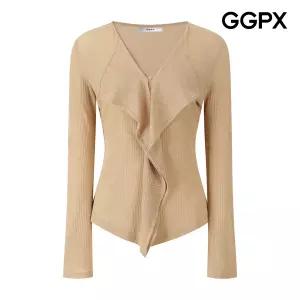 버튼 러플 카라 골지 티셔츠 GQ5TS031F