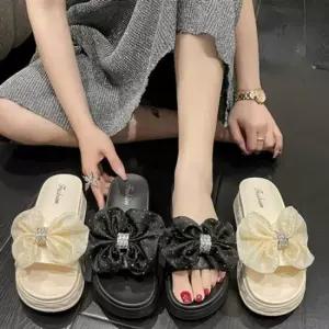 슬리퍼 예쁜 나들이 블링 슬리퍼 통굽 큐빅 쉬폰 여름 리본 사무실슬리퍼 여성슬리퍼