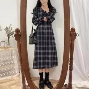 DC 여성 데일리 체크 패턴 가을 단추 원피스 OPC006N