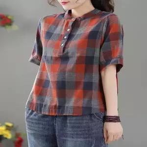 셔츠 마 남방 반팔 여름 정리 여성 여자 면/린넨 리넨 여름용 5 체크 티셔츠 탑 - 백화점에서 철수되어 라