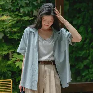 린넨 브이넥 카라 반팔 셔츠 여성 빅사이즈