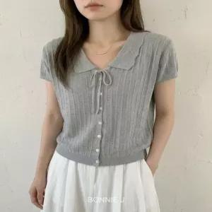 여성 여름 물결 카라 반팔 니트 가디건 세로 골지 셔츠 타이 데일리 하객룩