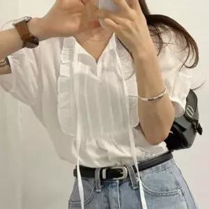 [하프클럽/]여성 러블리 퍼프 셔츠 화이트 프릴 리본 블라우스