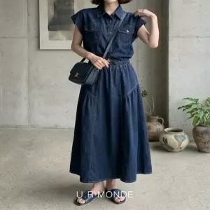 [유아몽드]여성 청자켓 플레어 스커트 셋업 데님 반소매 셔츠 셔