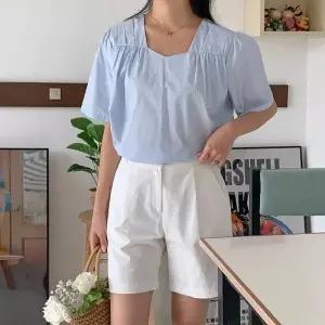 여자 러블리 하트넥 셔링 간절기 반팔 블라우스_25442915_588872