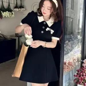 블랙 미니 원피스 여성 반팔 배색 카라 리본브로치