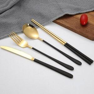 4Pcs 블랙 스테인리스 스틸 식기 세트 - 디너 나이프, 젓가락, 숟가락, 포크 포함, 휴대용 식기 상자, 야외 모임 및 피크닉에 이상적입니다
