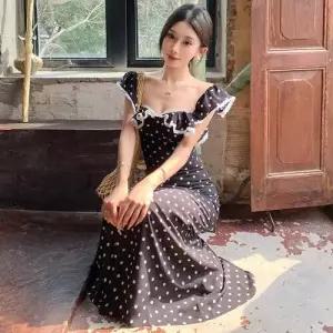 원피스 여성용 롱스커트 숄더 유니크하고 도트 프렌치 해변 쉬폰 예쁜 바캉스 일자 SPO마켓1