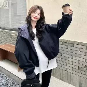여성 재킷 후드 쇼트 점퍼 체크 코트 오버핏 OP1