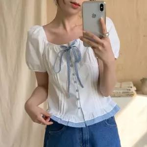 [옷자락]여성 러블리 체크리본 프릴 스퀘어 블라우스