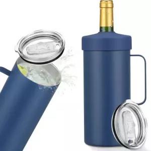손잡이가 달린 와인 병 냉각기 휴대용 급속 냉각 샴페인 단열재 스테인리스 스틸 쿨러 슬리브 애호가에게 이상적인 선물 디너 파티 및 야외 피크닉에 완벽 2-in-1 Blue