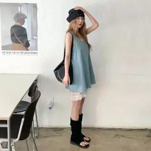 |KHO5C8C|여성 러블리 레이스 레이어드 청민소매 미니 드레스
