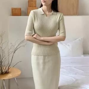 봉봉 오픈카라 심플 니트 골지 여름 미시 반팔 데일리 여성 크림 연카키 바이올렛 핫핑크