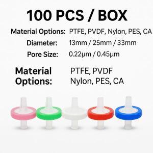 일회용 주사기 필터 13 25 33mm 0.22um 0.45um PES PVDF PTFE 나일론 MCE PP GF 멸균 실험실 샘플 준비 저