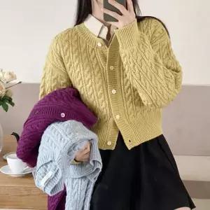 [하프클럽/]여자 라운드넥 꽈배기 시보리 도톰 크롭 가디건