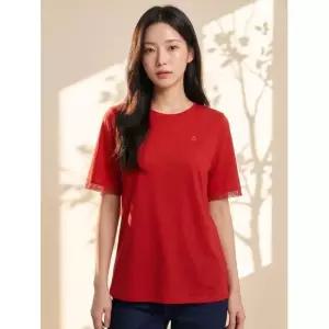 크로커다일레이디레드 소매 레이스 포인트 단색 티셔츠 CLCMTS202