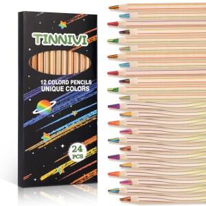TINNIVI 무지개 연필, 24팩 색연필 미술 12가지 나무 용품, 벌크, 연필 색상 남아용 컬러링 스케치용, 컬러 드로잉 미리 멀티 깎임, 여아