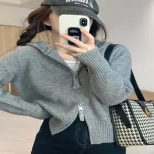 여성 3컬러 투지퍼 크롭 러블리 니트 가디건