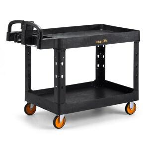 ELAFROS 초대형 헤비 듀티 플라스틱 유틸리티 작업 카트 43.5 x 24.6 인치 u2013 2 티어 카트, 깊은 욕조 선반, 인체공학적 손잡이, 5 캐스터, 550파운드 용량, 검은색