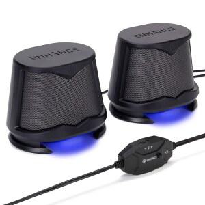 ENHANCE SB2 PC 스피커 블루 LED 3.5MM 조명 데스크톱, 인라인 피크 USB 사운드, 호환 디자인 컨트롤 PC와 2.0 및 노트북, 유선 연결, 10W 글로우 - 블랙 게이밍 볼륨 전원