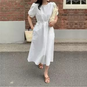 셀럽하우스 퍼프소매 허리스트링 롱원피스 여름 데일리 캐주얼룩