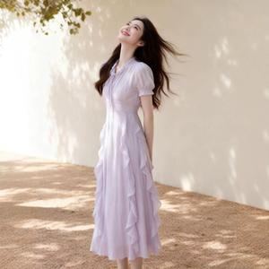원픽 여성 여름 시원한 보라색 드로스트링 드레스 슬리밍 불규칙 러플 롱 요정 스커트