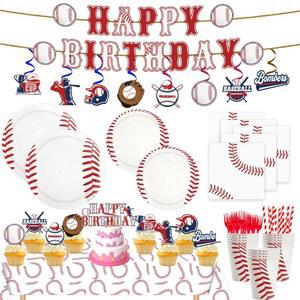 배너, 접시, 냅킨, 포크 식탁보 케이크 토퍼를 포함한 163pcs 야구 테마 생일 파티 용품 스포츠 파티를 위한 일회용 식기 세트 24명의 손님에게 제공합니다