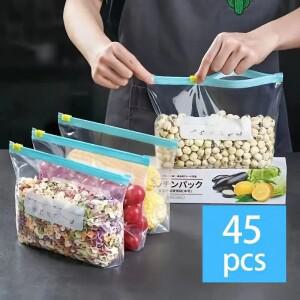 45PCS 실리콘 식품 저장 누출 방지 재사호환용  스탠드 업 지퍼 셧 가방 컵 신선한 냉장고 포장