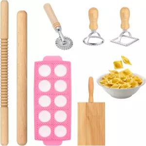7PCS 파스타 메이커 도구 세트 라비올리 몰드 롤러 휠이 있는 나무 손잡이가 커터 프레스 만들기 키트