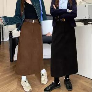 롱스커트 여성 골덴 A라인 코듀로이 스커트 벨트증정