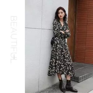 플라워 패턴 A라인 긴팔 롱 원피스 봄 가을 쉬폰 가을원피스 롱원피스 프린트원피스