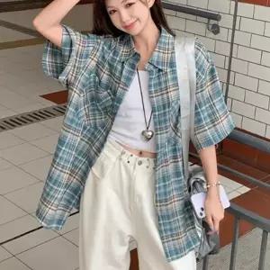 여성 박스핏 체크 반팔 미우 셔츠 1P 데일 루즈핏