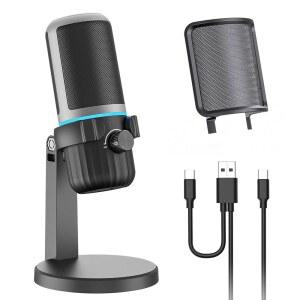 CMOCIIY USB 콘덴서 게이밍 마이크, 스트리밍, LED 있는 음소거 잭 데스크탑 표시등이 볼륨 컨트롤, 컴퓨터 녹음용 팟캐스트, 버튼 PC 및 헤드폰