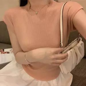 슬림핏 골지 반목 니트 티셔츠 민소매 캡소매 하프넥 여성 여름 봄 이너 기본 얇은 핑크 반팔 데일리 여성