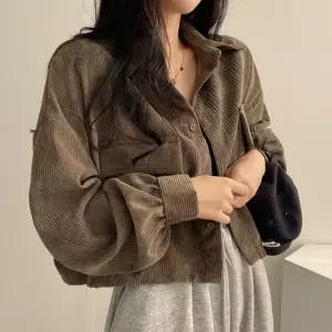 브라운 골덴 셔츠 크롭 루즈핏 긴팔 아우터남방 가을자켓 여성옷 데일리룩 코디 오버 코듀로이 골지