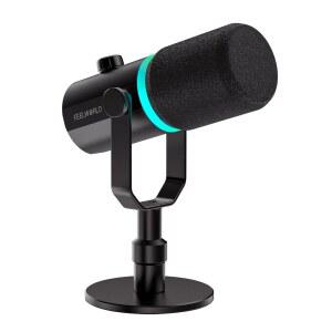 FEELWORLD PM1 XLR USB 다이내믹 마이크, 컴퓨터 보컬 헤드폰 게이밍 녹음 선물 RGB 버튼, 스튜디오 팟캐스트 스탠드 포함, 메탈 라이브 스트리밍 음소거 PC 오버, 조명, 잭용 보이스 데스크탑