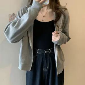 세미크롭 후드집업 루즈핏 와플 여성 간절기 후드티 여자 반업 긴팔 무지 레이어드 심플한 데일리 후드 모