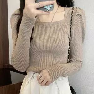 무지 스퀘어넥 긴팔 니트 티셔츠 퍼프소매 슬림핏여성가을 라운드 골지 카라 배색 단가라 보트 반팔 크롭