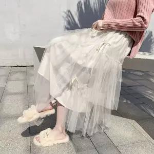 [하프클럽/셀럽하우스]봄치마 망사 캉캉 러블리 쉬폰 여성 리본 롱스커트