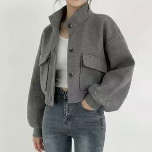스텐드넥 크롭 포켓 여성 미니멀 캐주얼 자켓아우터 간절기 볼륨소매 멀룩 심플 여친아우 숏자켓 아우 데일