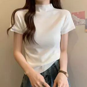 여성 반팔 반목 디자인 신축성 좋은 반탈 니트티셔츠 팔티 여름 카라 레이어드스타일 여자