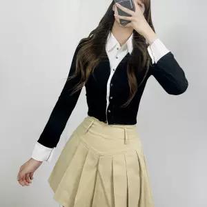 페이크 셔츠 레이어드 니트 슬림핏 크롭 긴팔 슬림