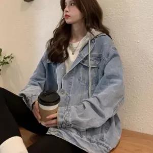 [하프클럽/]여자 빈티지 루즈핏 후드 탈부착 연청 데님 자켓 간절기 오버핏