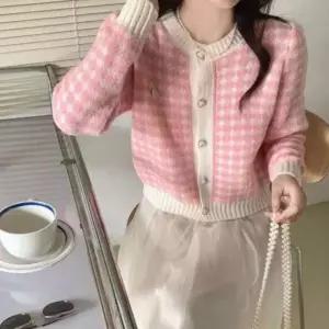 [하프클럽/]하트 버튼 하운드투스 체크 패턴 긴팔 니트 가디건 여성 간절기