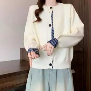 [하프클럽/]가을 겨울 체크 니트 가디건 여성 루즈핏 데일리룩 긴팔 아우터