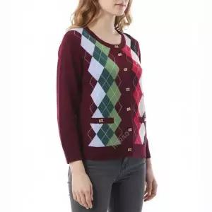 미니멀 캐주얼 Burgundy Check Cardigan (K2532 730) (버건디 체크 가디건)
